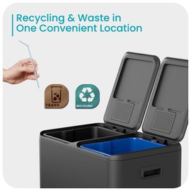 Home Zone Living 15.8 Gallon Kitchen Trash Can with Dual Removable Liners for Recycling and Trash, Stainless Steel Build with Soft and Slow Closing Lid, Black