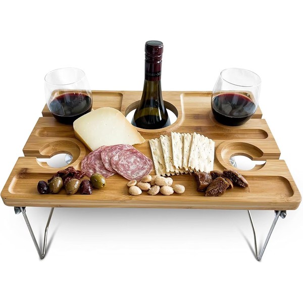 ECCRIS Portable Wine Picnic Table with Glass Holders, Foldable Wooden