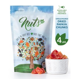 NUTS U.S. - Unsulphured Dried Papaya Chunks | Low Sugar | No Color Added | NON-GMO and Gluten Free | Vegan Snacks | Packed in a Resealable Bag!!! (4 LBS)