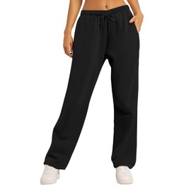 AUTOMET Women's Wide Leg Sweatpants Fleece Lined Baggy Straight Leg Lounge Pants Fall Outfits Athletic Joggers with Pockets Black S