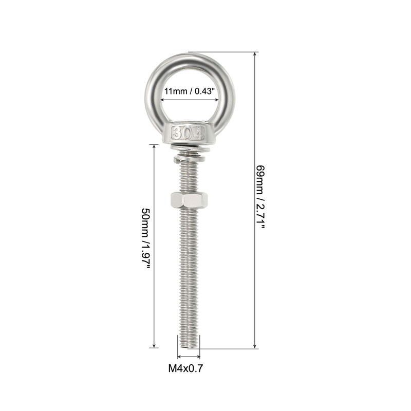 sourcing map M4 3/16"x1.97" Stainless Steel Eye Bolts Threaded Screw