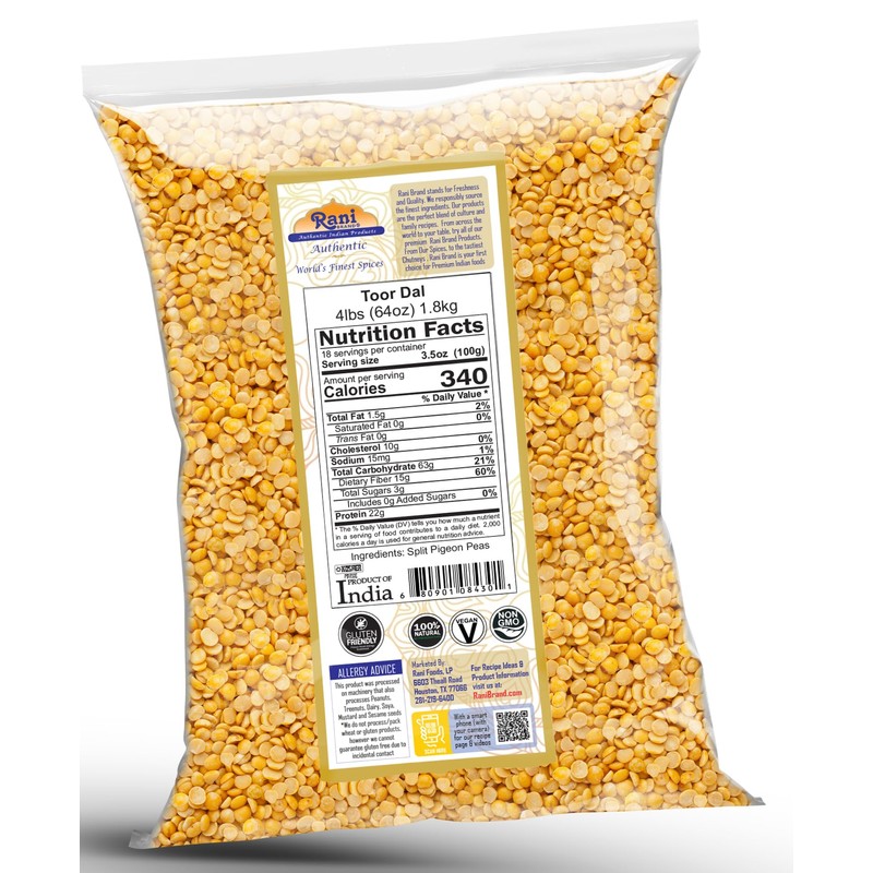 Rani Toor Dal (Split Pigeon Peas) 64oz (4lbs) 1.81kg Bulk