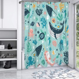 DuriLolly Kids Sea Animal Shower Curtain 71x71 inch Funny Cartoon Underwater Whale Dolphin Octopus Fish Turtle Cute Sealife Boys Girls Blue Ocean Bathroom Decor Soft Waterproof Fabric with Hooks