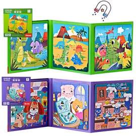 shineFinder 90 Pieces Magnetic Game Puzzle – Travel Games Children from 3 4 5 Years – for Employment on Airplane/Car Driving Children (2 Pieces, Dinosaur + Profession)