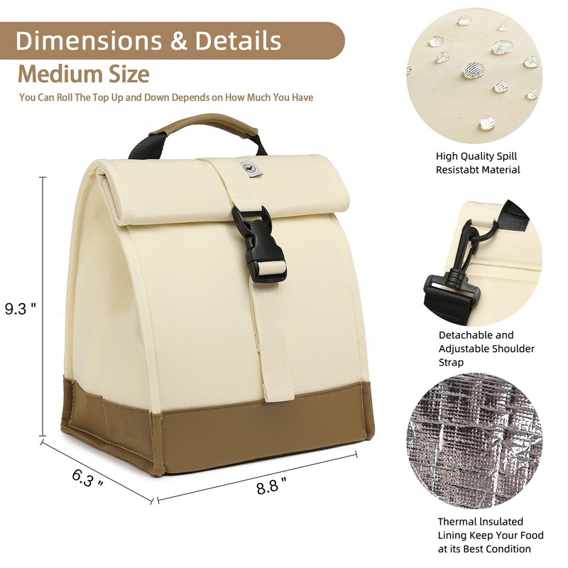 SUNNY BIRD Insulated Lunch Bag Rolltop Lunch Box Medium Lunch