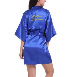 Lovacely Kimono de satén para mujer, para novia, dama de honor, madre del novio, boda, fiesta, batas cortas con purpurina dorada, Azul Royal, S