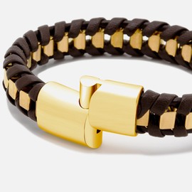 Dada Gioielli - Men's Bracelet Satin Gold Also Available in Silver or Black - Genuine Brown or Black Leather Braided Chain, Stainless Steel Hypoallergenic, Adjustable 20-21 cm, Stainless Steel Leather