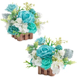 TINGE TIME Wedding Centerpiece Flower with Basket, Set of 2 Large Artificial Flowers Floral Arrangement for Tabletop Mantel Archway Aisle (TealBlue)