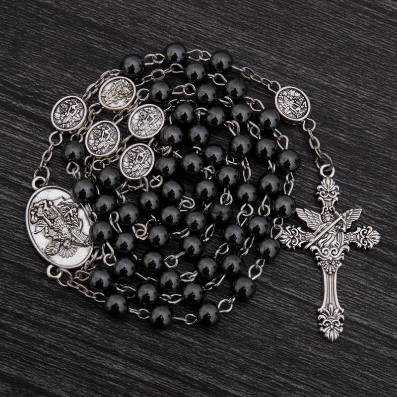 Nazareth Store St Michael Rosary Hematite Stone Beads Necklace Metal