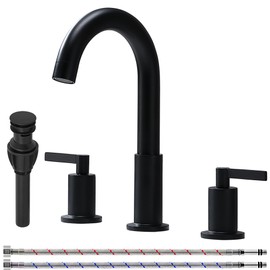 Widespread Matte Black 3 Hole Bathroom Faucet, 2 Handle Black Bathroom Sink Faucets 8 Inch Modern Vanity Faucet Bathroom Faucet Set with Supply Hoses Pop Up Drain for Bathroom Sink