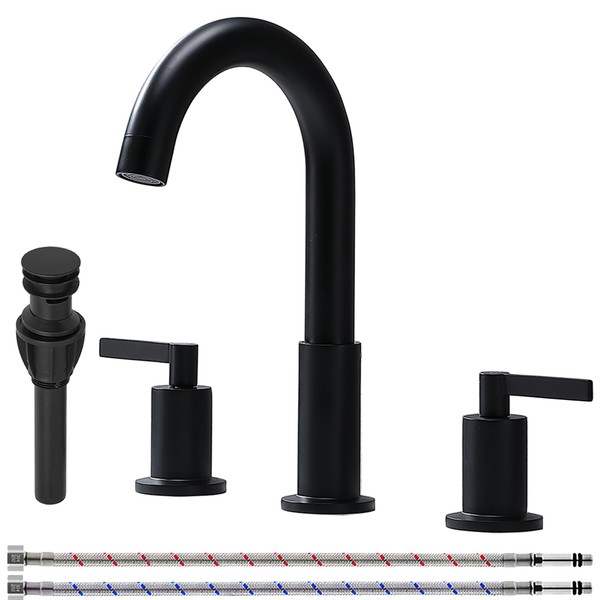 Widespread Matte Black 3 Hole Bathroom Faucet, 2 Handle Black
