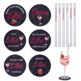 Lillet Aperol Gift, Pack of 12 Felt Coasters with Lillet Sayings, 6 Pieces 20 cm Lillet Glass Straw, Drinks Coasters, Lillet, Gift Idea for Lillet Lovers, Women, Men, Friends