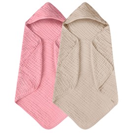 Yoofoss Hooded Baby Towels for Newborn 2 Pack 100% Muslin Cotton Baby Bath Towel Large 32x32Inch (Beige and Bean Paste)
