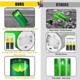 NURADA 3"x6"Flickering Flameless Candles: 3D Wick Acrylic Battery Operated LED Pillar Candles with Remote and Timer for St. Patrick's Day Home Holiday Forest Christmas Party Table Decor - Green
