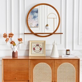 AGATEO Wall Mirror with Shelf - Wood Circle Mirror - Rustic Bathroom Mirror - Bathroom Mirrors for Over Sink - Wood Framed Mirror - Entryway Mirror with Shelf - Round Mirror 24 inch