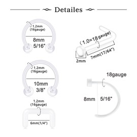 MODRSA 18G Clear Nose Studs Clear Nose Rings for Work Plastic Nose Rings for Surgery Clear Nose Piercing Nose Retainer Septum Retainer Clear Septum Ring Plastic Septum Ring 16G