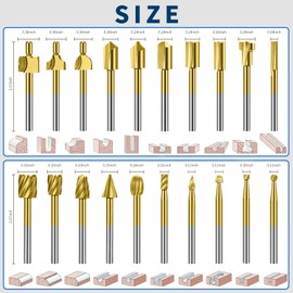 Wood Carving Bits Titanium Coated Engraving Router Bit, 20pcs HSS Rotary Burr Set with 1/8" Shank for Rotary Tools for DIY Carving, Drilling Engraving, Woodworking, Trimming, 2 Collet Included