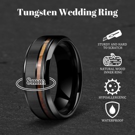 Mens Wedding Band Tungsten Rings: 8mm Black Tungsten Rings for Men Wood Wedding Ring Band for Man - Wooden Ring for Men Wedding Bands for Women Promise Rings for Him