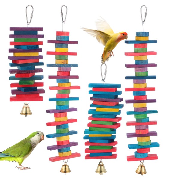 4 Pcs Parrot Toys, Birds Toys with Multicolored Natural Wood