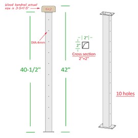 Mayset 2 Pack Stainless Steel Cable Railing Level Line Intermediate Post 42"(Actually Post 40.5"x2"×2"), Level Drilled for 1/8" Cable