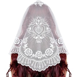 VELUTHERINE Chapel Veils Catholic Mass Mantilla - White First Communion Veil Bridal Veil Lace Rose Sacred Heart Triangle Veil Scarf Latin Mantilla Church Lace With Gift Box