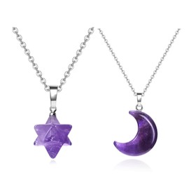 JUNRU Amethyst Crystal Healing Crescent Moon Merkaba Star Amulet Stone Pendant Necklaces Women Girls,2pc Natural Gemstone Chakra Reiki Spiritual Necklaces Jewellery Mothers Day Mum Gifts