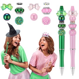 Yeaqee 2 Pcs Witch Beadable Pens Bulk Princess and Witch Party Favors Pink and Green Gift Pens Set Plastic Bead Pens for Friends Girls Friendship Matching Office School for Party Supplies Gifts