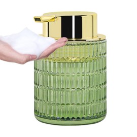 Tonxus Green Foaming Soap Dispenser, Glass Foam Hand Soap Dispenser with Gold Pump, 10 Oz Refillable Liquid Lotion Pump Container Ribbed Bottle for Bathroom Countertop Decor