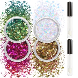 Allstarry Holographic Chunky Body Glitter 4 Colors Cosmetic Face Glitter Mermaid Rave Accessories with Body Glue for Women Makeup Nails DIY Crafts