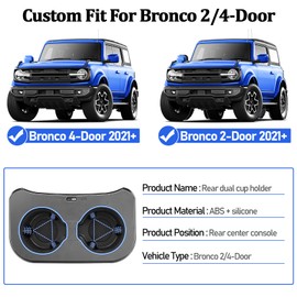 qbvk Removable Rear Cup Holder for Ford Bronco 2021 2022 2023 2024 2025 2/4 Door Bronco Accessories,Upgrade Rear Seat Cup Holder Expander Insert Organizer Water Drink Holders for Interior Accessories