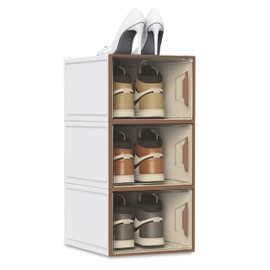 6-Sided Hard Shoe Storage Boxes Fit Size 13, White Plastic Stackable Shoe Organizer for Closet, Shoe Rack & Holder Sneaker Container, White Brown 3Pack