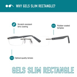 Scojo New York Gels Slim Rectangle Reading Glasses, Handmade Scratch Resistant Readers for Women and Men, Crystal - 1.25x