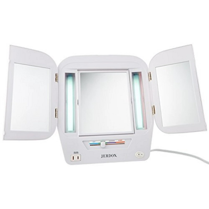 JERDON Modern Tri-Fold Makeup Mirror with Lights - Vanity Mirror