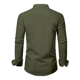 DELCARINO Mens Linen Band Collar Beach Shirts Casual Button Down Solid Plain Long Sleeve Hawaiian Shirts Olive Green Small