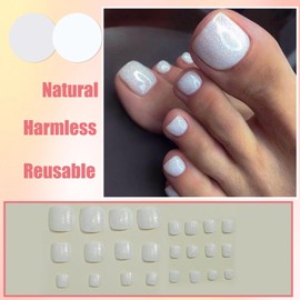 24Pcs White Press on Toenails, Short Square French False Toenails, Solid Color Full Cover Acrylic Fake Toe Nails, Cute Spring Summer Seaside Artificial Toenail for Women and Girls Nail Art Decorations