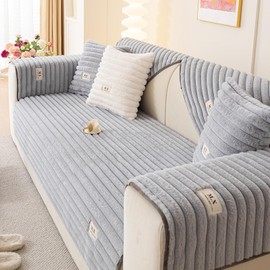 tianxinbaobei Non Slip Couch Cover Washable, Warm & Cozy Rabbit Plush Sofa Cover, Waterproof Faux Fur Couch Covers for Sofa(Gray/36"x70"/3-Seater Sofa Cover)