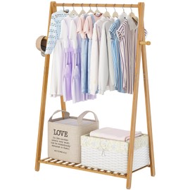 COOGOU Small Clothes Hanging Racks,Bamboo Wood Kids Clothing Garment Racks for Cloths,Free Standing Dress Costume Rack for Bedroom,Living Room, Commercial,Small Space