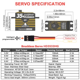 HobbyPark Waterproof 35kg High Torque Servo Motor Brushless Motor Metal Gear Digital Servo Stainless Steel Gear Arduino Servo for RC Crawler RC Car Truck Buggy Programmable Control Angle 180°