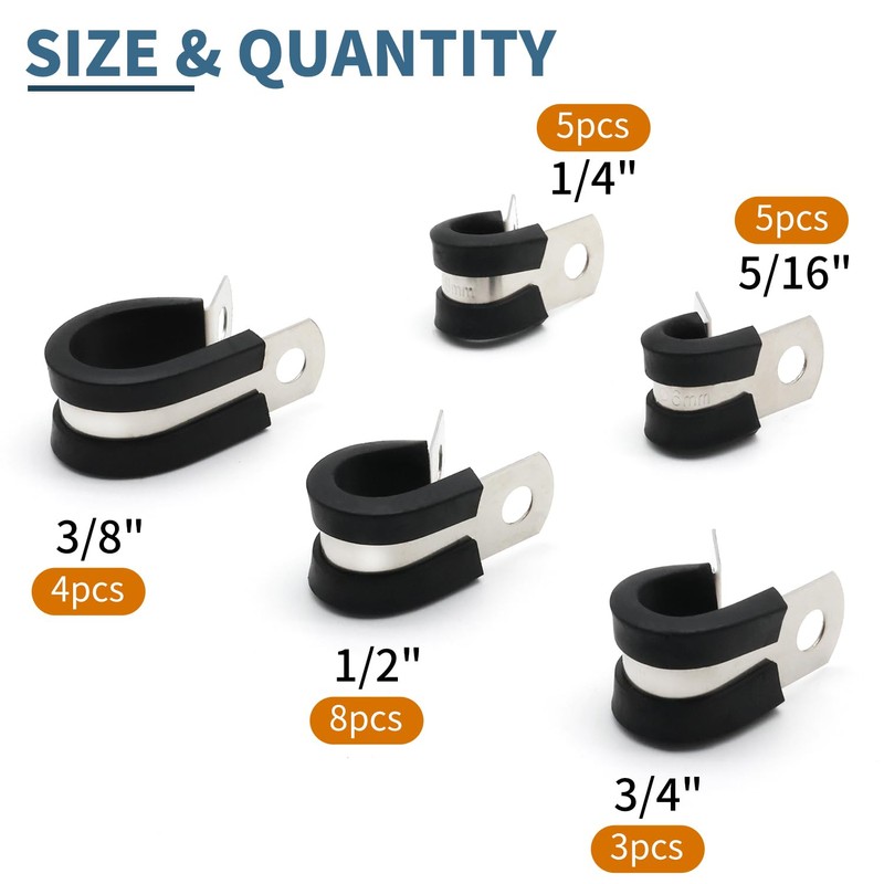 ZIPCCI Cable Clamps Assortment Kit, 25 Pack Stainless Steel Rubber
