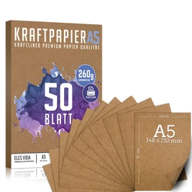 50 Sheets of Kraft Paper A5 Set - 260 g - 14.8 x 21 cm - DIN Format - Craft Paper & Natural Cardboard Sheets Made of Kraft Cardboard for Printing, Cardboard Paper Crafts for Vintage Wedding Gifts