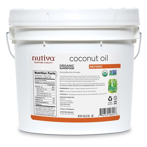 Nutiva Organic, Steam Refined Coconut Oil from non-GMO, Sustainably Farmed Coconuts, 128 Fl Oz (Pack of 1)