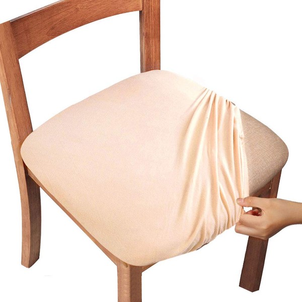 Gute Chair Seat Covers, Dining Room Chair Seat Covers with Ties, Stretch Solid Chair Covers Protectors for Dining Room Kitchen Chairs (Set of 6, Beige)