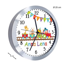 CreaDesign, WU-10-1088 Analogue Children's Room Radio-Controlled Clock with Customisable Name, Silent Children's Wall Clock with Aluminium Frame, Train Motif