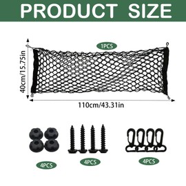 Cargo Net, 110 x 40 cm Adjustable Elastic Cargo Net for Van, Car Boot Net with 4 Carabiners and 4 Hooks for Car Rear Boot, SUV, Truck Bed, Vans, Motorhomes