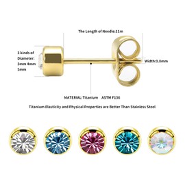 Artskin 3 Pairs/Set Women's Stud Earrings Titanium Girls' Earrings Hypoallergenic Crystal Men's Earrings 5mm Nickel Free 14K Gold Plated Earrings Studs Mothers' Day Gift