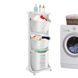 Rolling Laundry Hamper, 3 Tier Storage Sorter Cart with Wheels, White Plastic Dirty Laundry Basket, Movable Clothes Toiletries Snacks Hamper for Kitchens Bathrooms Bedrooms Classrooms Laundry Rooms