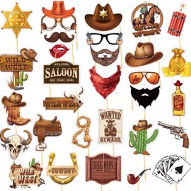 30 Pieces Western Cowboy Cowgirl Photo Booth Props Wild West Themed Party Decoration Rodeo Party Decorations with Wanted Sign for Country Party Bachelorette Rustic Party Supplies(Brown)