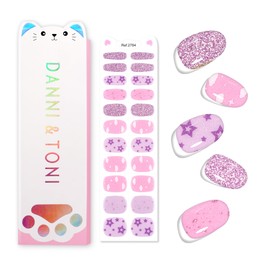 DANNI & TONI Kids Gel Nail Strips Clouds Stars Purple Glitters Salon-Quality Peel & Stick Manicure for Children (Age 6+)– Safe, Long-Lasting, Easy to Apply |Purple Dream