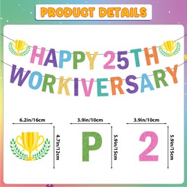 Happy Work Anniversary Decorations: Colorful 25th Work Anniversary Decorations with Glitter Happy 25th Workiversary Banner Hanging Swirls Honeycomb Centerpieces Foil Balloons for Party Decor