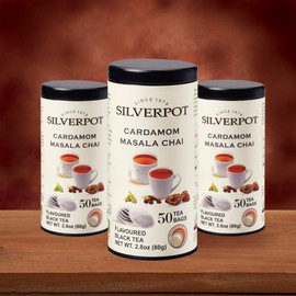 Silverpot Cardamom Masala Chai, 50 Round Tea Bags, Tin | Gourmet Black Tea | Caffeinated | Enjoy Hot or Iced